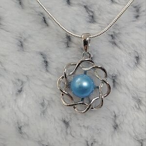 Sterling Silver 925 Necklace Pendant Dainty Pearl Blue 18" Chain Classic Simple